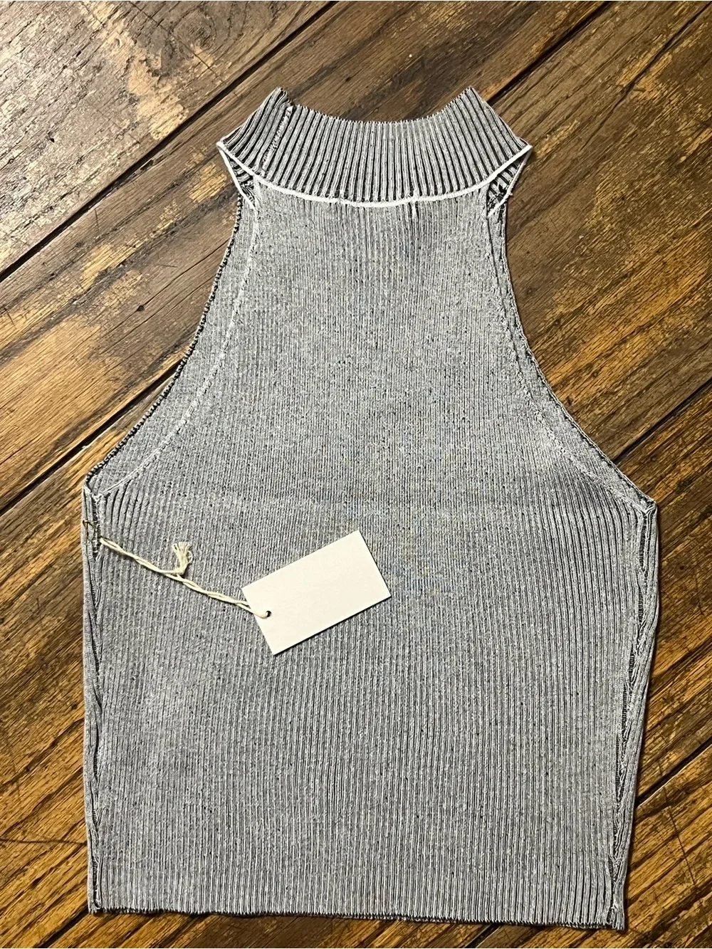 Think! Sleeveless Ribbed Turtleneck Sweater in Light Gray with White Trim